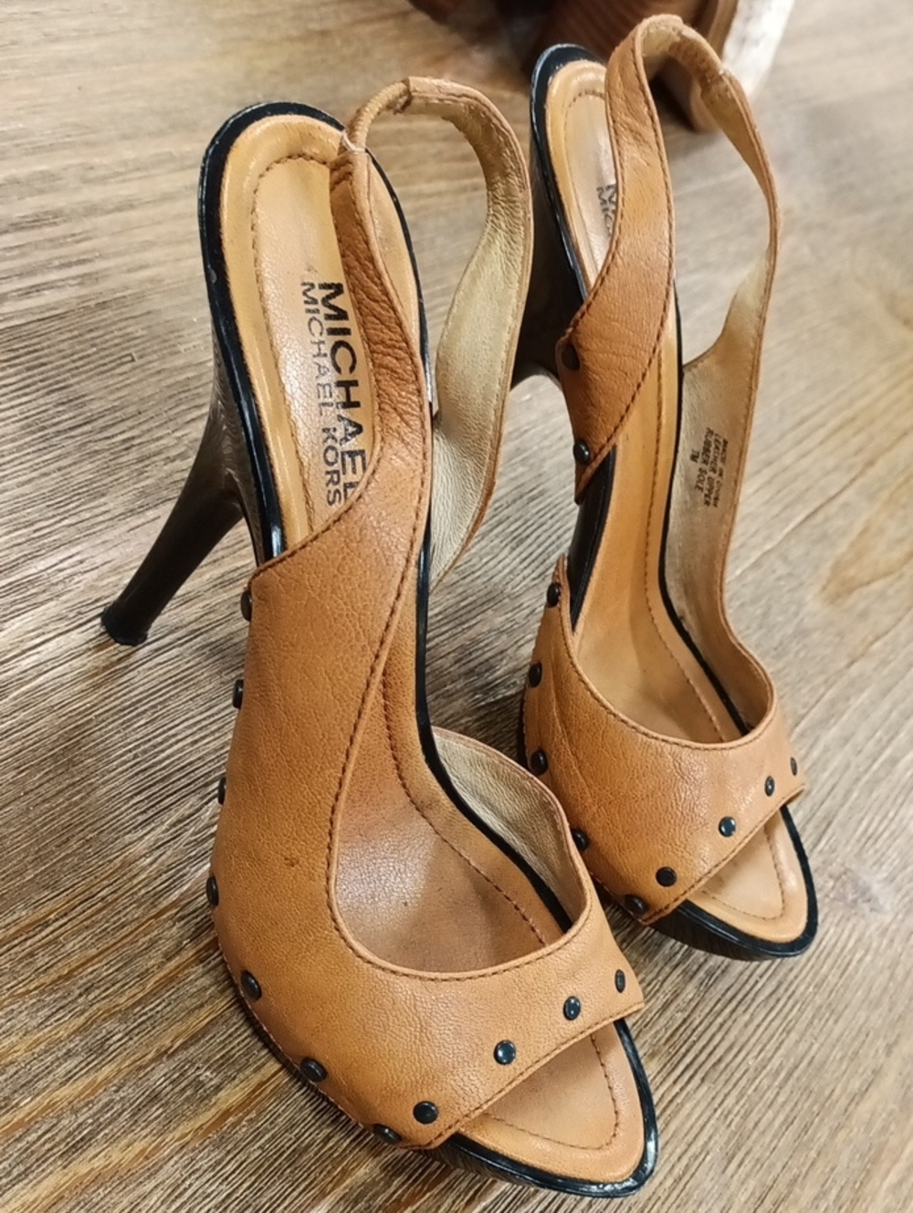 MICHAEL Michael Kors Tan Leather Studded Slingback Heels